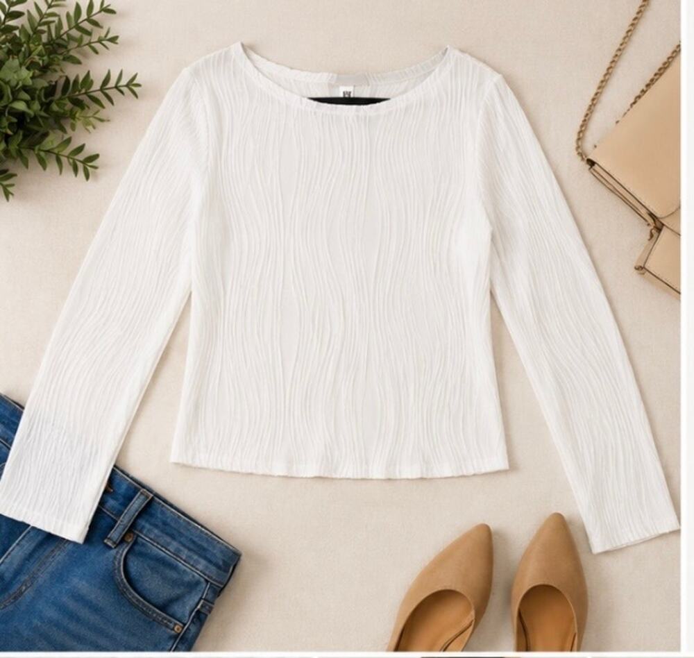2X White Textured Rib Knit Crop Top Long Sleeve Stretch Blouse